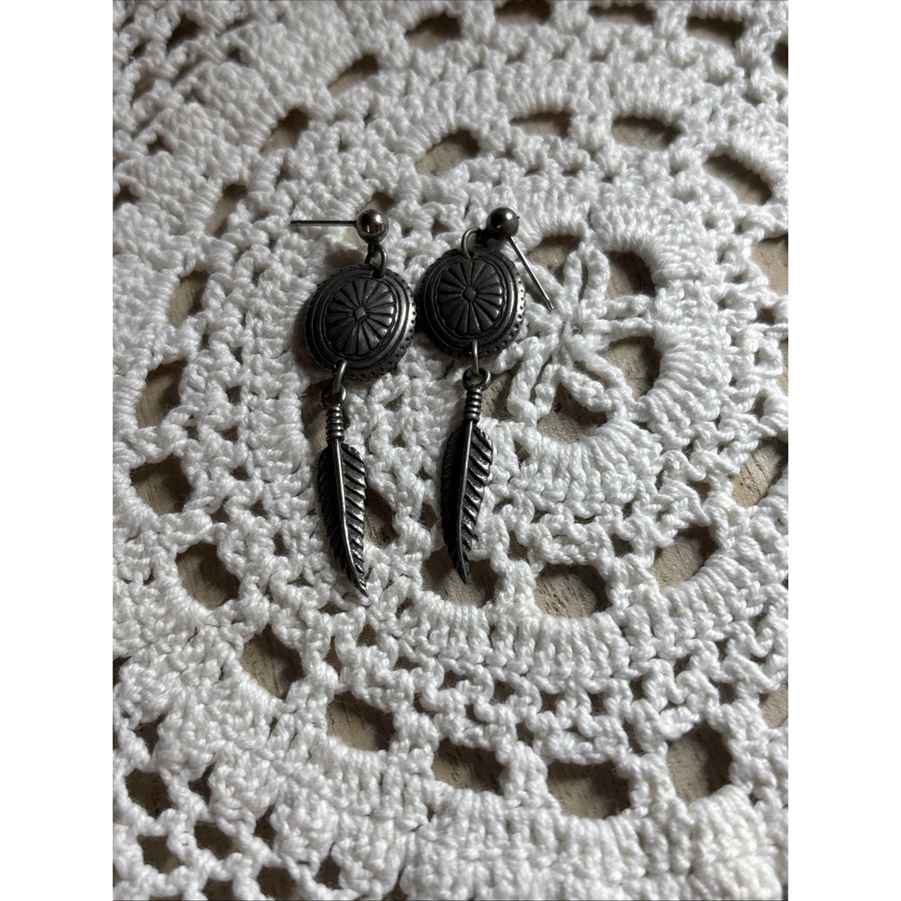 Southwest Pewter Dangle Post Earrings With Pewter Feathers vintage boho